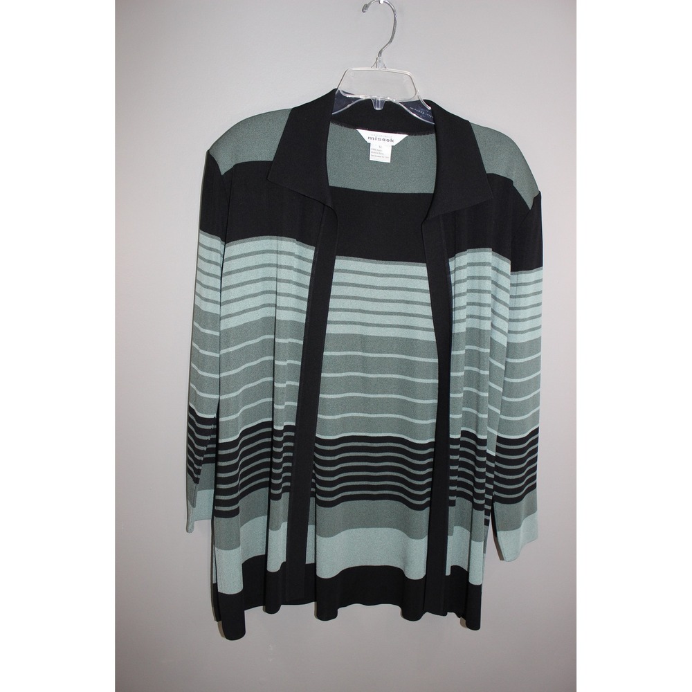Misook Cardigan Jacket Women XL Green Black Great Striped Open Front Knit Collar